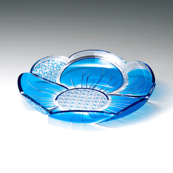 Color Glass Covered Cut Glass Plate "Blue Flower"