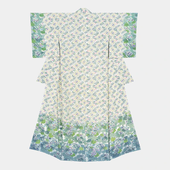 Kimono with Design in Stencil Resist Picture Dyeing "Spring in the Backyard"