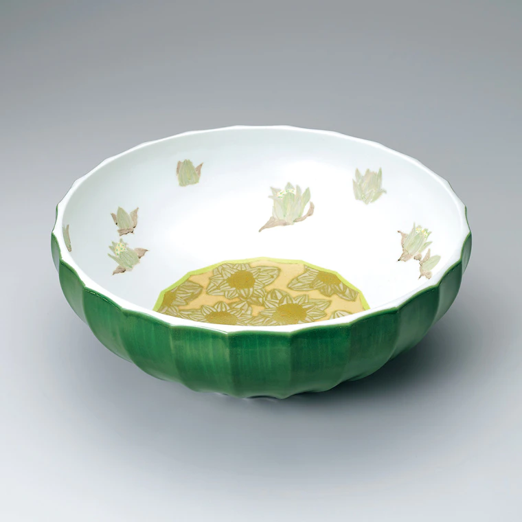 photo Striped Bowl with Overglaze Enamel and Silver Decoration