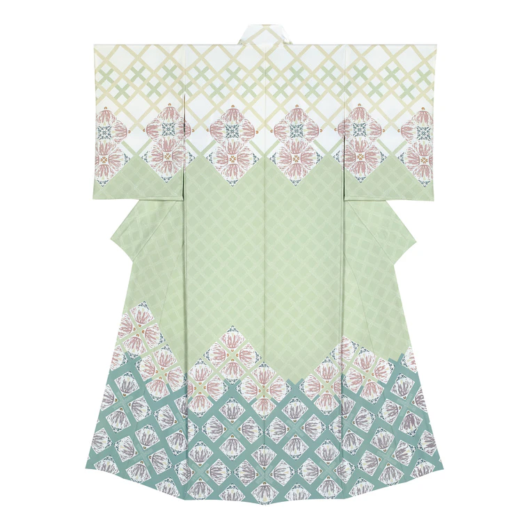 photo Formal Kimono with Design in Copperplate Stamp Batik Dyeing "Flowers on the Fence"