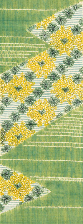 photo Obi Sash with Design in Stencil Resist Picture Dyeing Beginning of Spring "Mimosa"