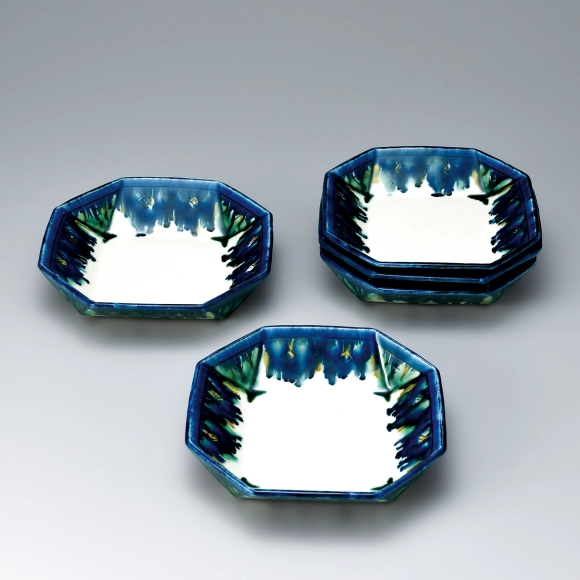 Set of Octagonal Bowls with Three Color Glaze Decoration