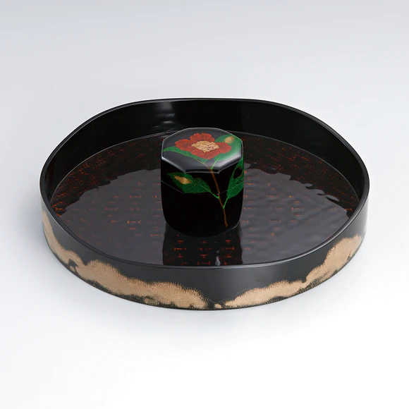 Rantai (Woven Bamboo Base) Tea Container and Tray for Simplified Tea Ceremony on a Tray with Design in Kinma