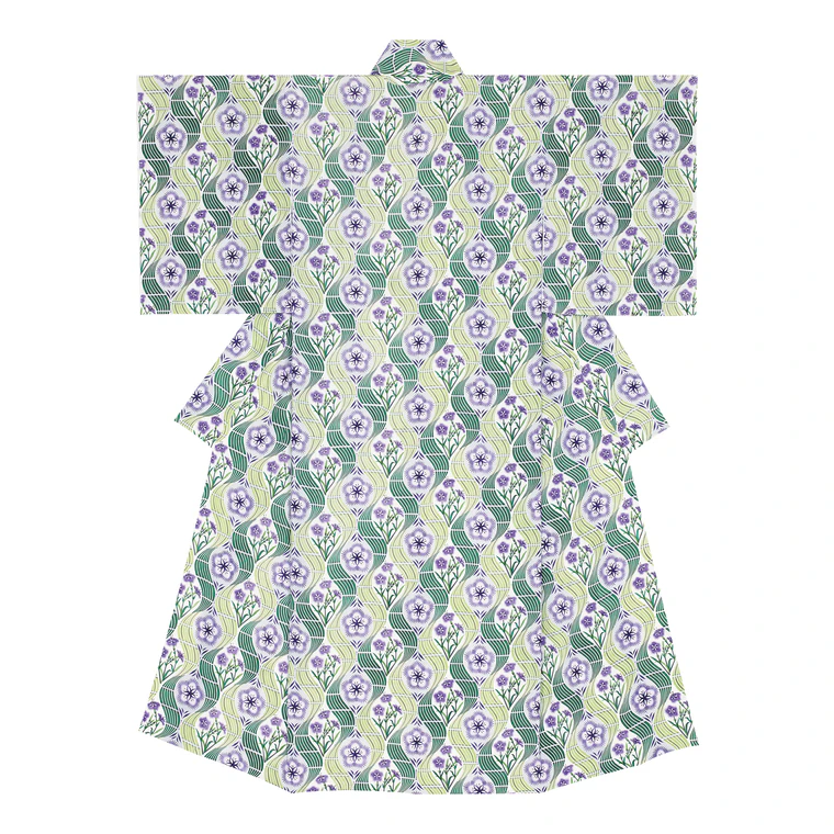 photo Kimono with Design in Stencil Resist Dyeing "Nadeshiko (Pink Flower)"