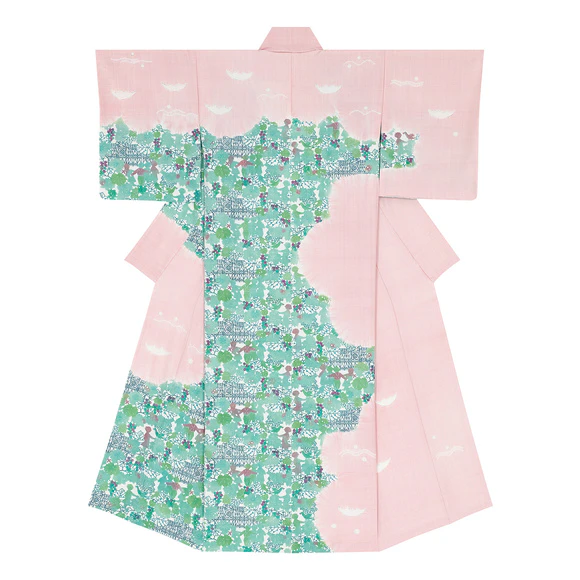 Kimono with Design in Stencil Resist Picture Dyeing "Vineyard"