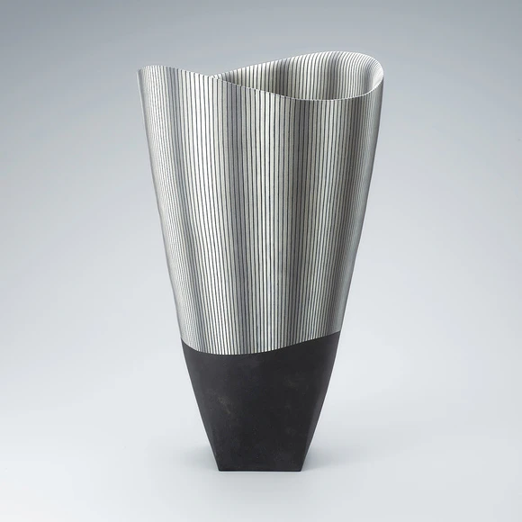 Flower Vessel with Line Design in Colored Slip