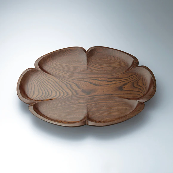 Six Petaled Plate of Zelkova Wood Finished in Wiped Urushi