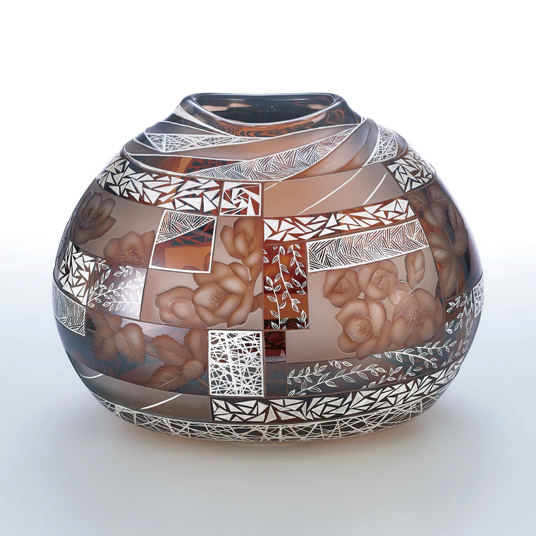 photo Flower Vase with Silver Decoration and Amber-colored Cased Glass
