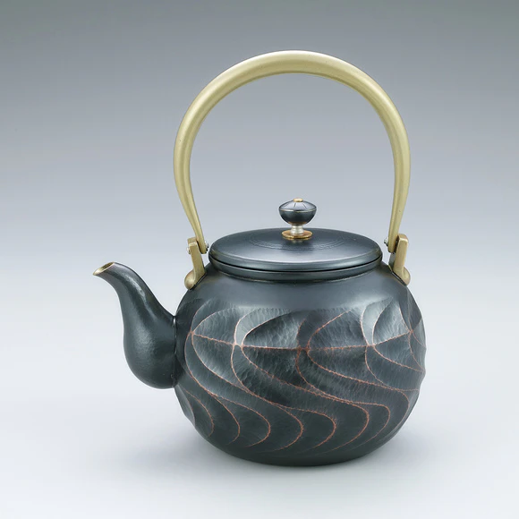 Hammered Copper Hot Water Pitcher with Gold Decoration