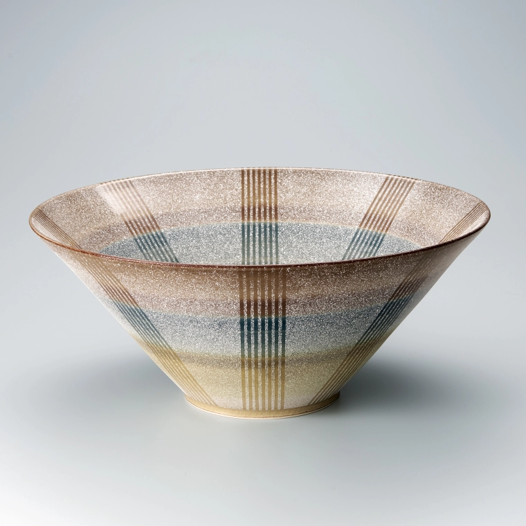 photo Large Bowl with Ash Glaze, Stripe Design and Silver Decoration
