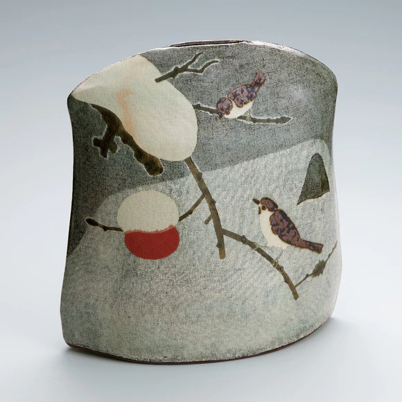 Jar in Irregular Shape with Design of Remaining Fruit Attracting Sparrows