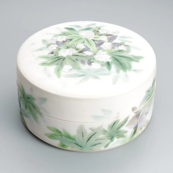 釉描彩寒芍薬文蓋物
