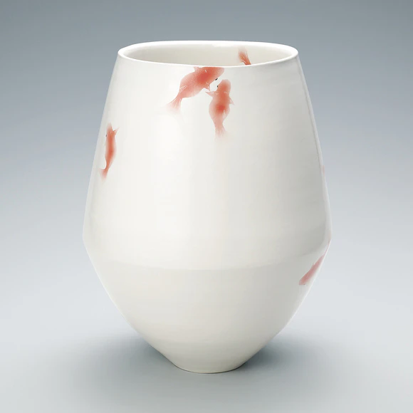 魚紋太鼓形花器　陶芸家村田森作品　新品未使用　激レアアイテム 黒墨釉青泥 花器｜角りわ子