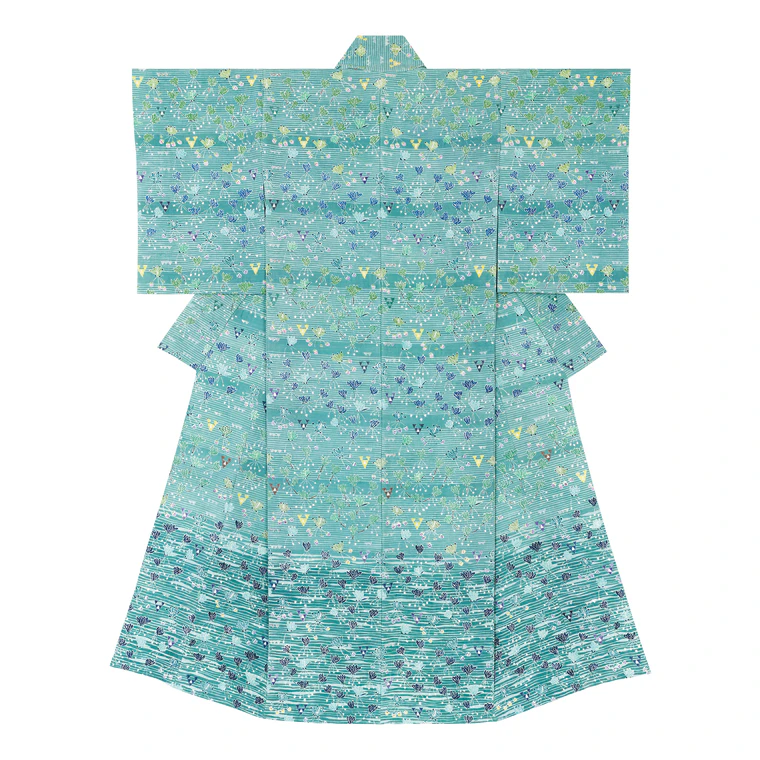 photo Kimono with Design in Stencil Resist Dyeing with Hazy Effects "Swaying in the Wind, Spring Canon"