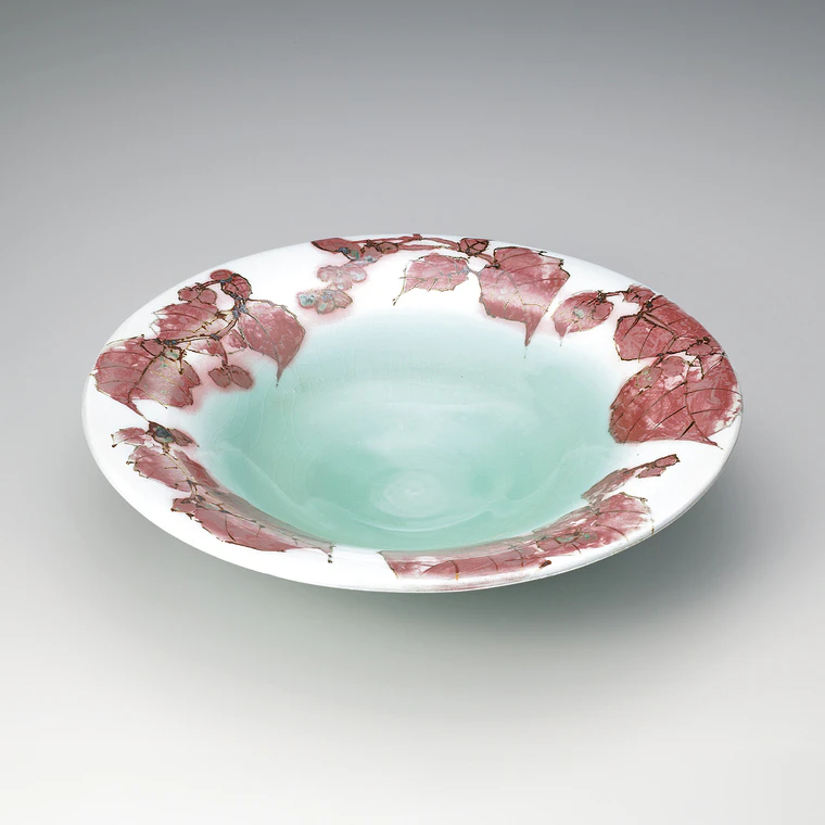 photo Large Bowl with Begonia Design in Underglaze Iron and Copper
