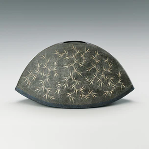 Flower Vessel with Flowering Plant Design in Colored Slip