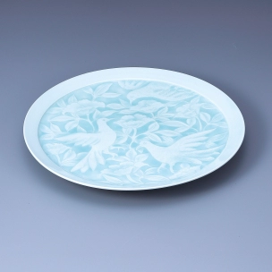 Large White Porcelain Dish with Pale Blue Glaze and Flower and Bird Design