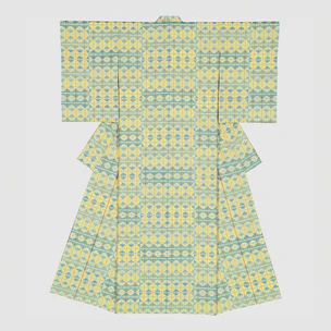 Kimono of Tsumugi with Yoshino Lattice Pattern Kasuri "Hill of Marigolds"