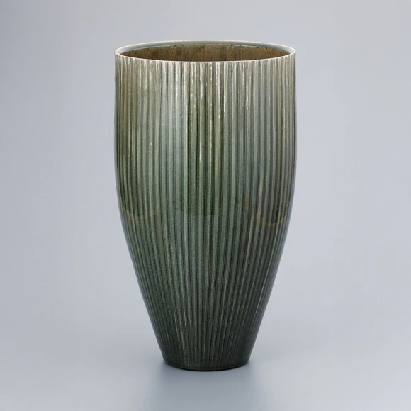 Flower Vase with Ash Glaze and Linear Pattern