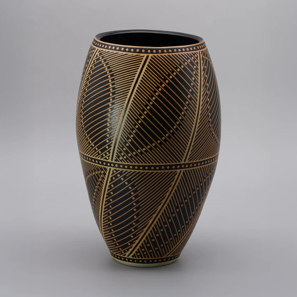 Black Glazed Flower Vase with Geometric Design