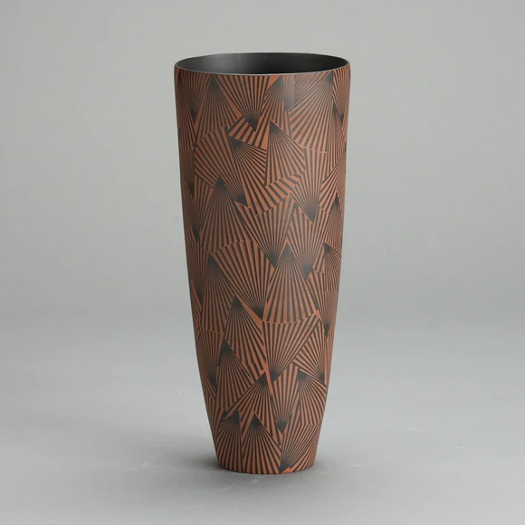 Banko Flower Vase with Earthy Color and Engraved Line Design