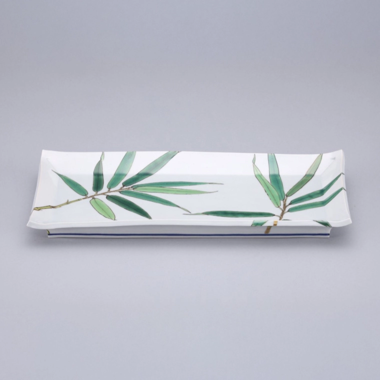 photo Rectangular Plate with Overglaze Enamel, Bamboo Grass Design and High Foot