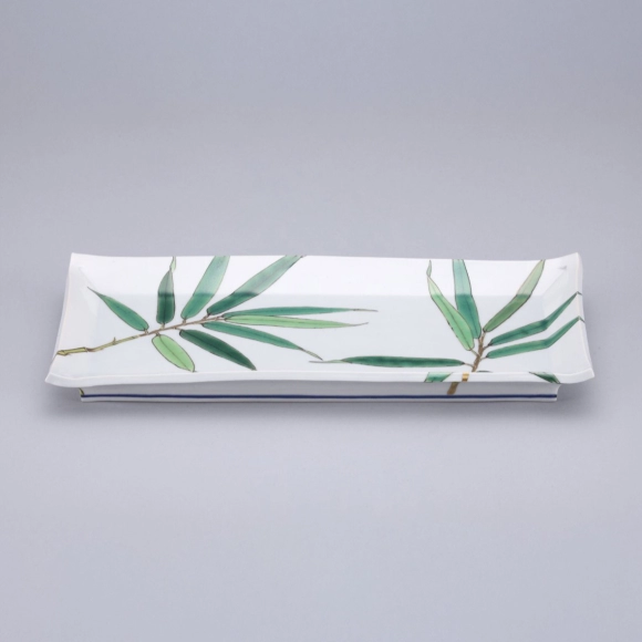 Rectangular Plate with Overglaze Enamel, Bamboo Grass Design and High Foot