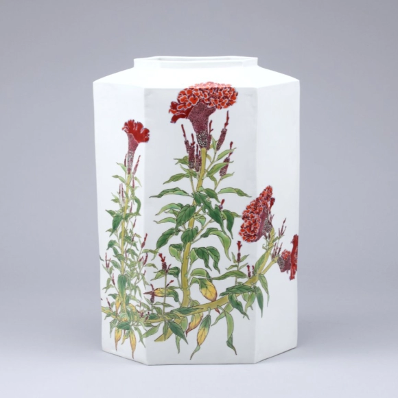 Hexagonal Bottle with Underglaze Enamel, Overglaze Enamel Inlay and Cockscomb Design