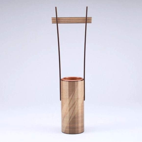 Jindai Cedar Wood Flower Vase with Handle Made by Lathing and Bending Work with Wood Inlay Decoration