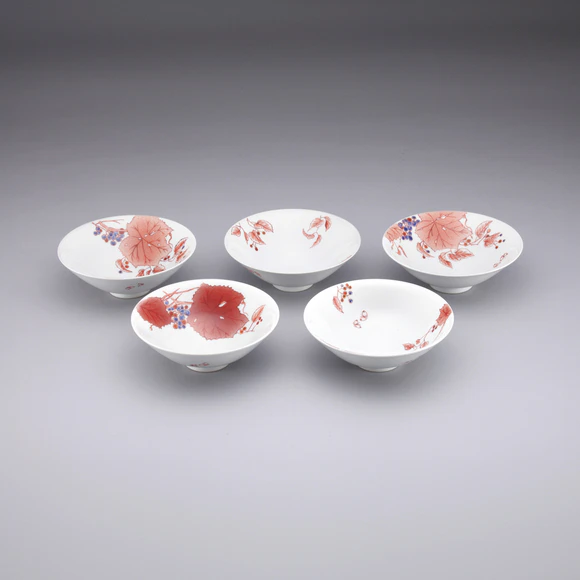 Serving Plates with Grape Design in Overglaze Red Enamel