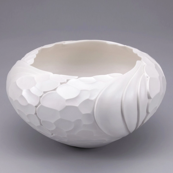 Flower Vessel with Design in White and Silver