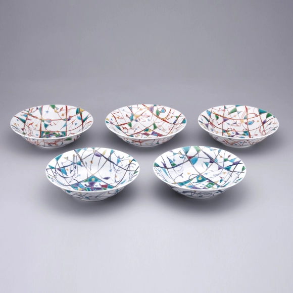 Set of Bowls with Geometric Design in Overglaze Enamel