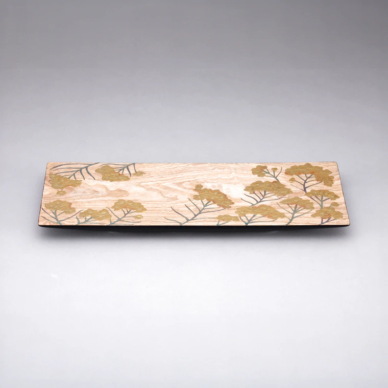 photo Tray with Rape Flower Design in Makie on Plain Wood Surface