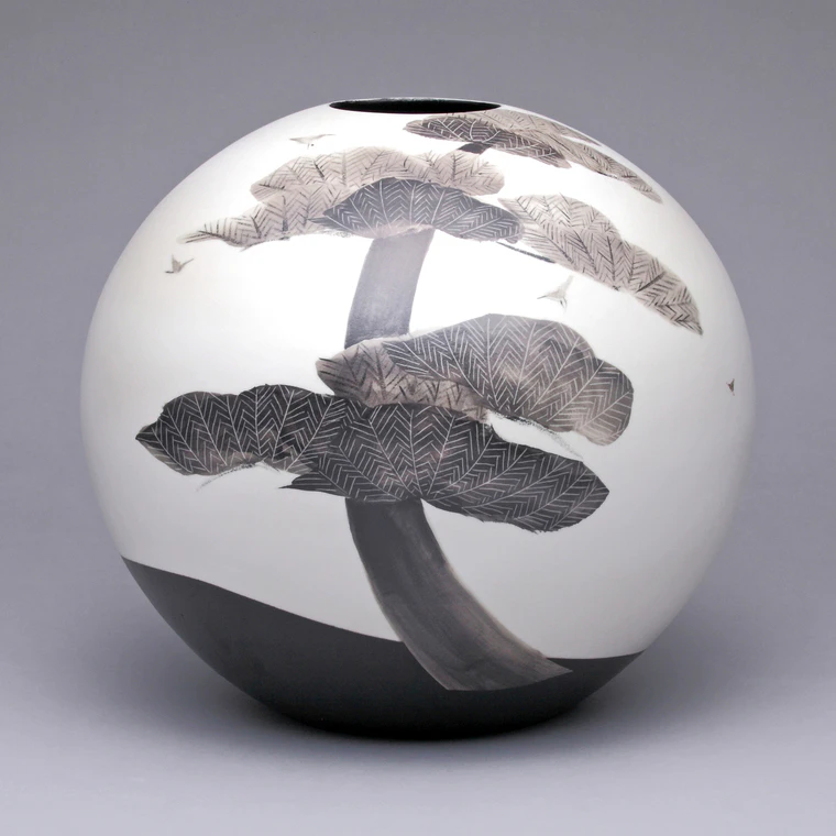 photo Jar with Black Painting, Bird and Pine Design