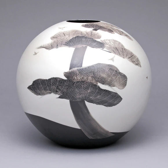 Jar with Black Painting, Bird and Pine Design