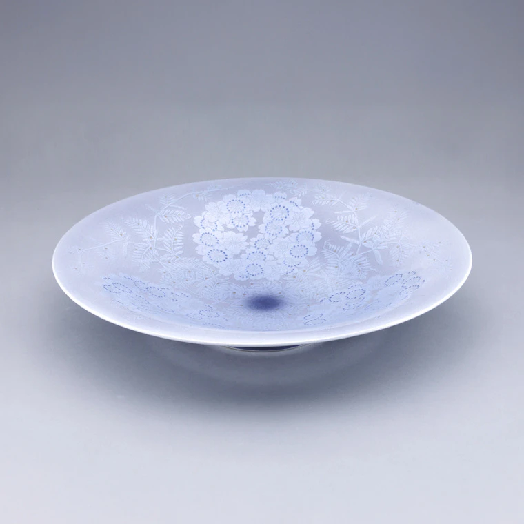 photo Plate with Shion (Aster) Glaze, Underglaze Silver and Flower/Grass Design