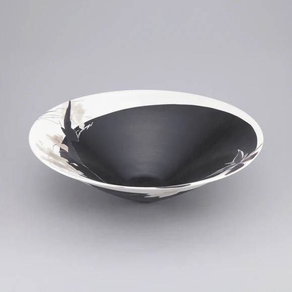 Bowl with Black Cat, Bird, and Flower Design