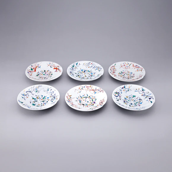 Set of Plates with Geometric Design in Overglaze Enamel
