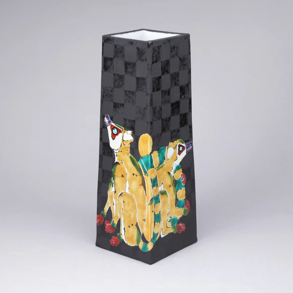 Flower Vase with Black Decoration and Ring-tailed Lemur Design