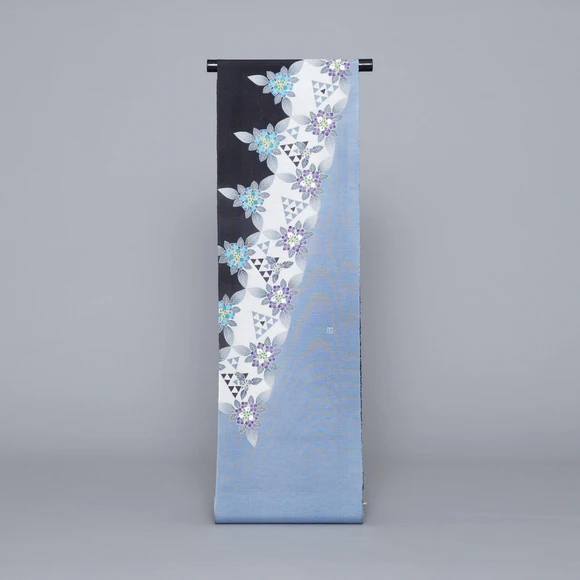 Obi Sash with Design in Yūzen Dyeing "Hydrangea and Triangles"