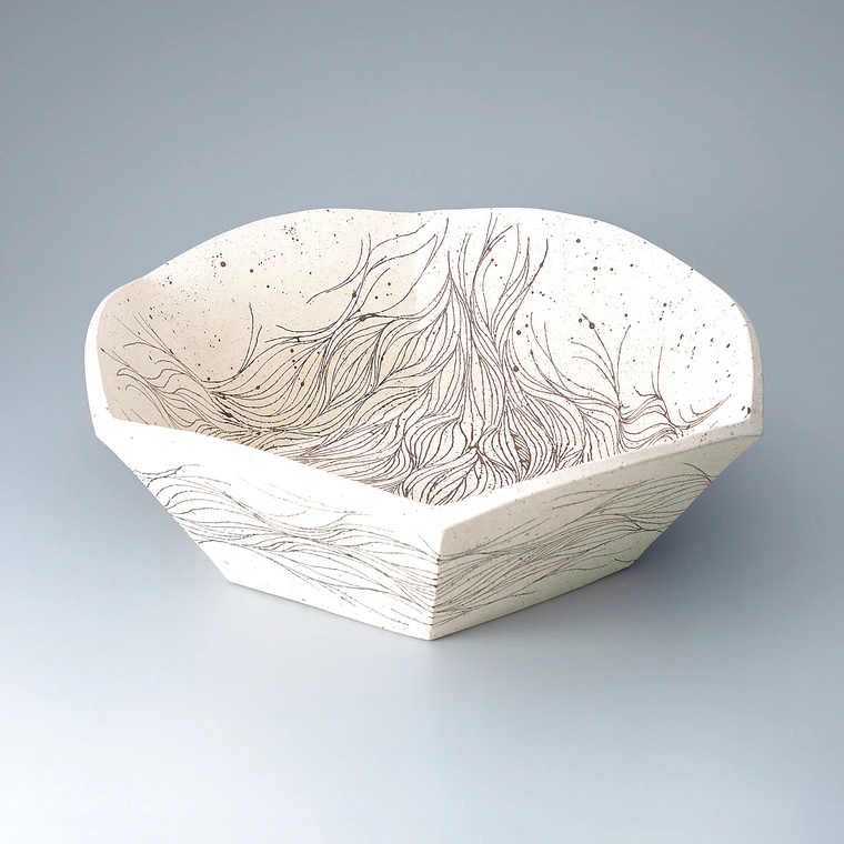 photo Hexagonal Bowl with Line Design in Glaze Painting