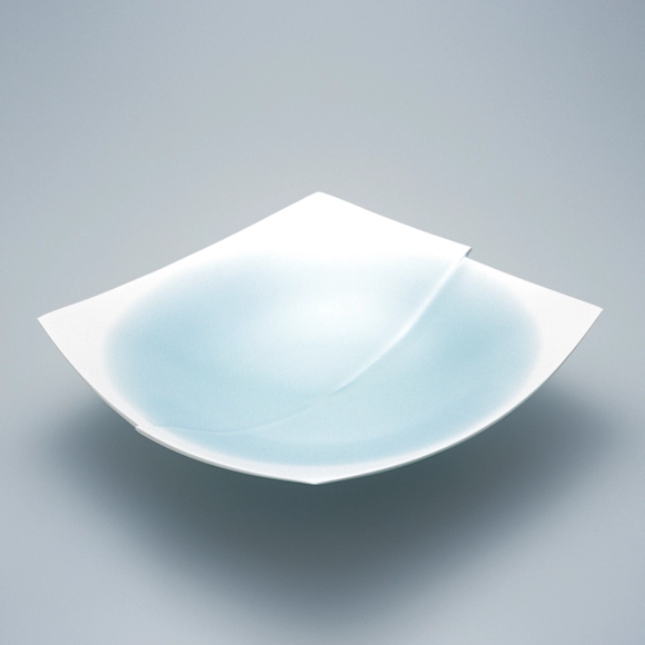 Square Bowl with Celadon Glaze and Blurred White Decoration