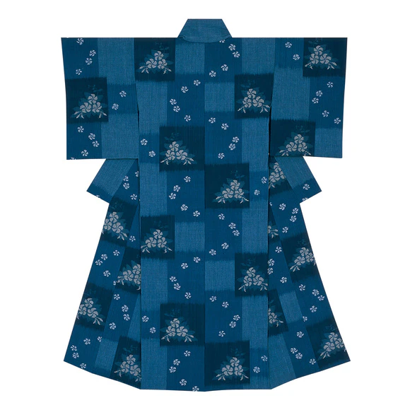 Kimono of Hand-spun Cotton Kasuri "When the Periwinkles Bloom"