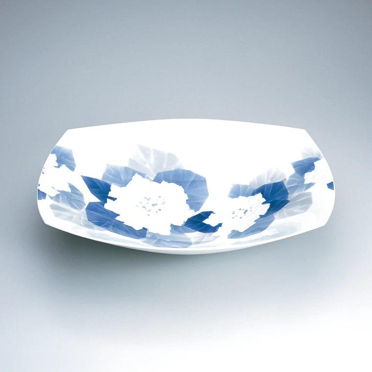 photo Squarish Bowl with Carved and Underglaze Blue Design "Color of Rain"