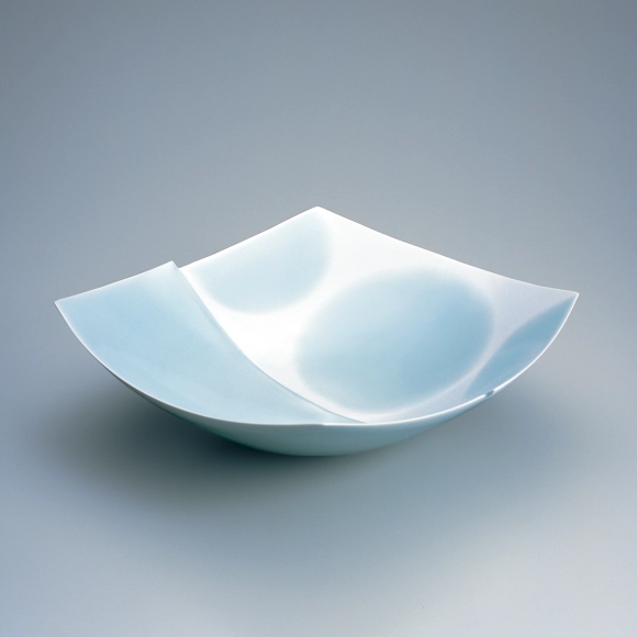 Square Bowl with Celadon Glaze and Blurred White Decoration