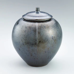 Ornamental Jar with Silver Tenmoku Glaze and Raised Lines