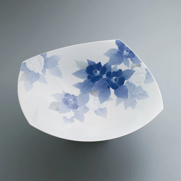 Squarish bowl with carved and underglaze blue design "Camellia"
