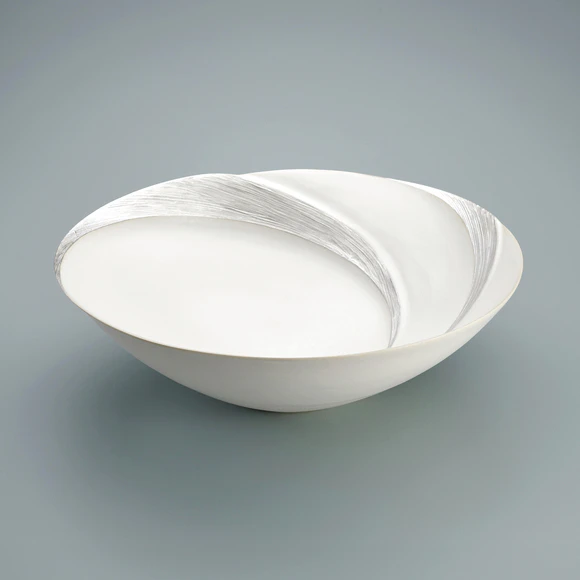 Bowl with White Glaze, Ridge Line Design and Silver Brush Marks