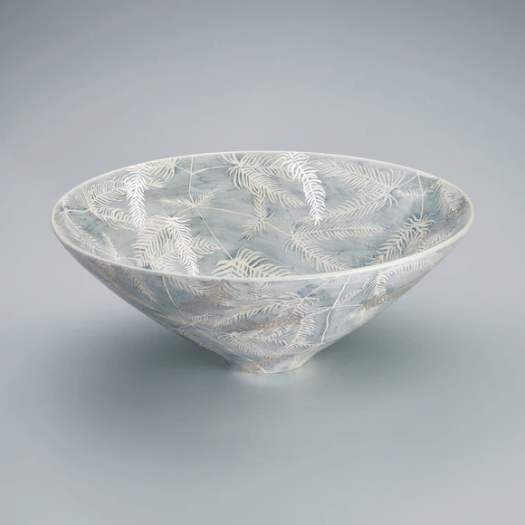 Bowl with Underglaze Blue, Silver Paint and Mountain Fern Design