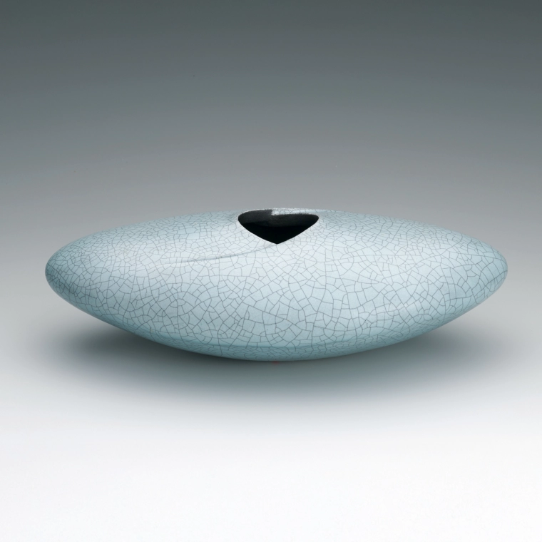 photo Flower Vessel with Pale Blue Glaze and Charcoal Finish